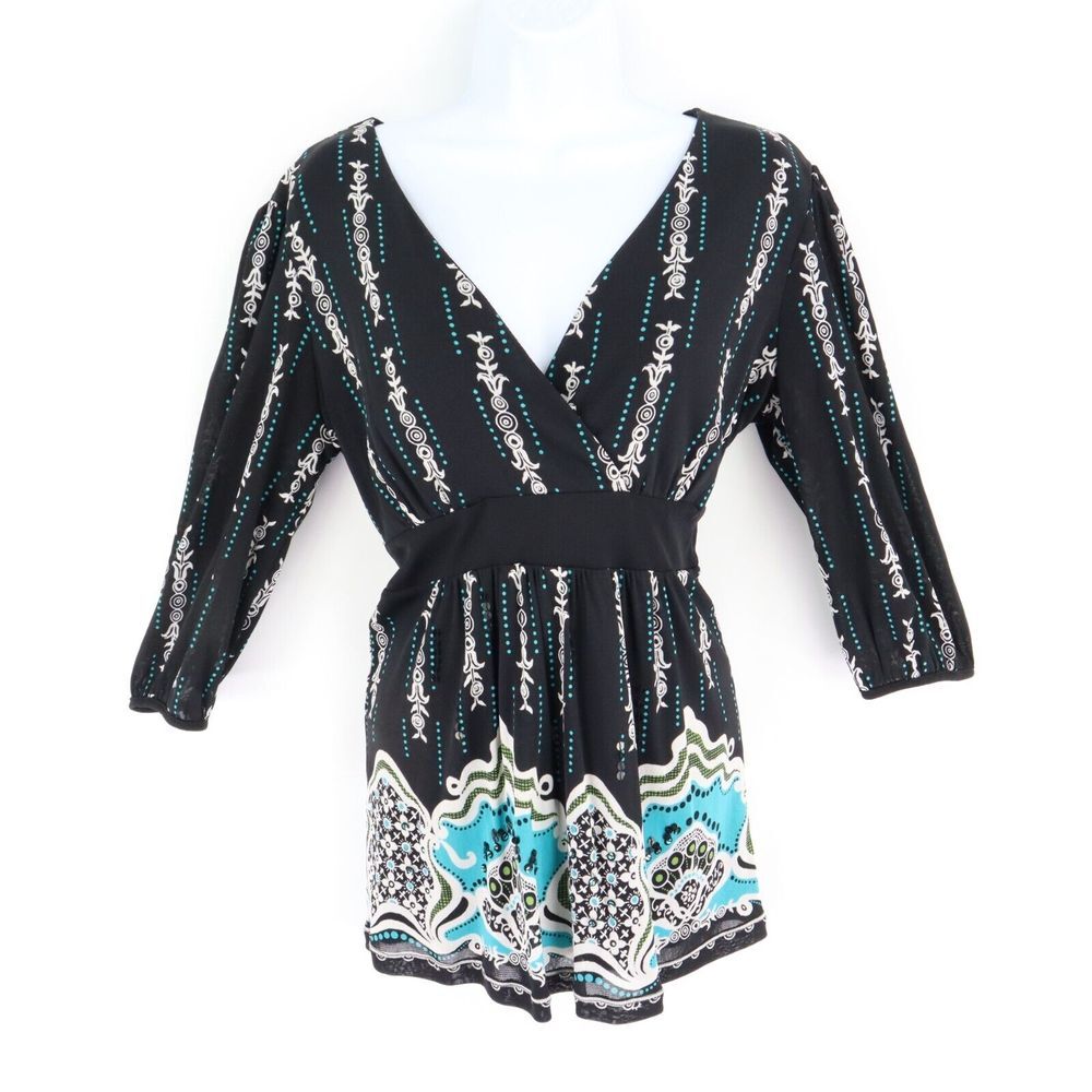 Style & Co. Blouse Shirt 3/4 Sleeve Womens M Black Floral Sequins V-Neck Stretch
